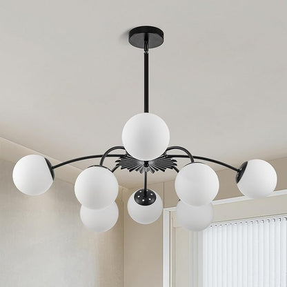 Longree 8-Light Black and White Sputnik Chandeliers with Milk Glass Pendant Light Fixture, with Blossom Accent Mid Century Frosted Glass Bubble Ceiling Lighting for Dining Entry Living Room