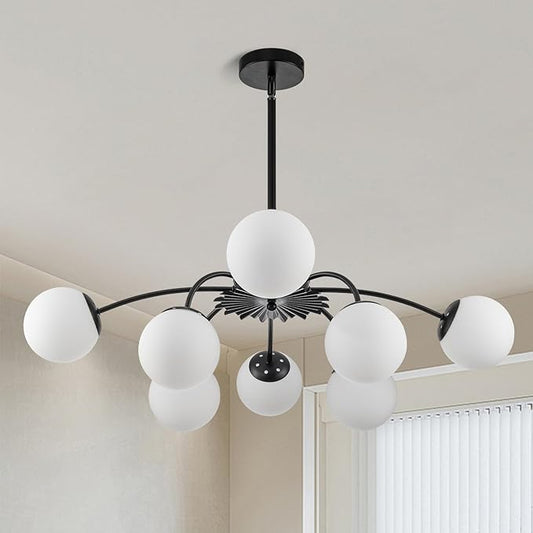 Longree 8-Light Black and White Sputnik Chandeliers with Milk Glass Pendant Light Fixture, with Blossom Accent Mid Century Frosted Glass Bubble Ceiling Lighting for Dining Entry Living Room