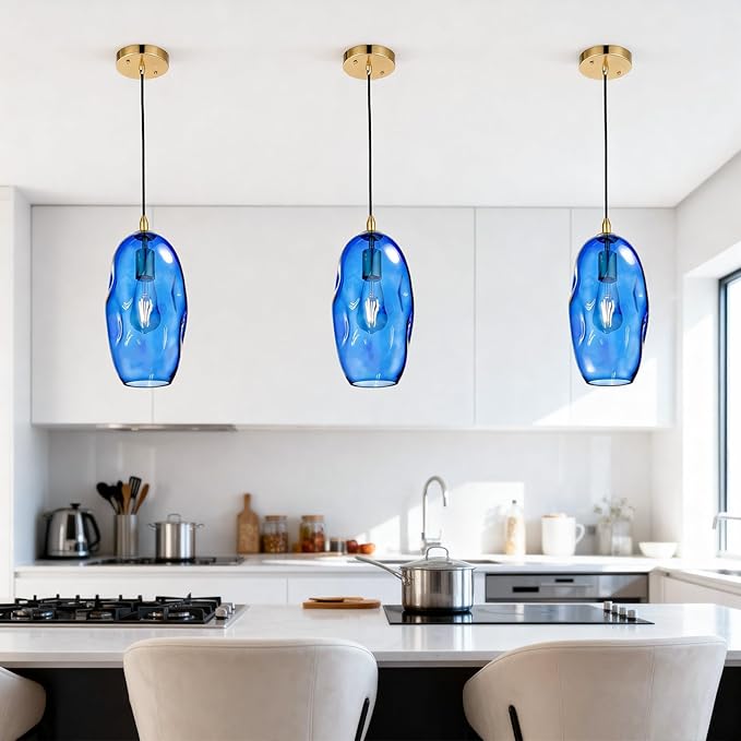 Blue Pendant Light Fixtures Adjustable 12.5'' Height Modern Kitchen Island Lighting Glass Organic Ceiling Hanging Light Fixtures for Bar, Counter, Patio, Over Sink, Dining Room,Table - Blue