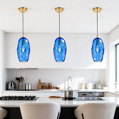 Blue Pendant Light Fixtures Adjustable 12.5'' Height Modern Kitchen Island Lighting Glass Organic Ceiling Hanging Light Fixtures for Bar, Counter, Patio, Over Sink, Dining Room,Table - Blue