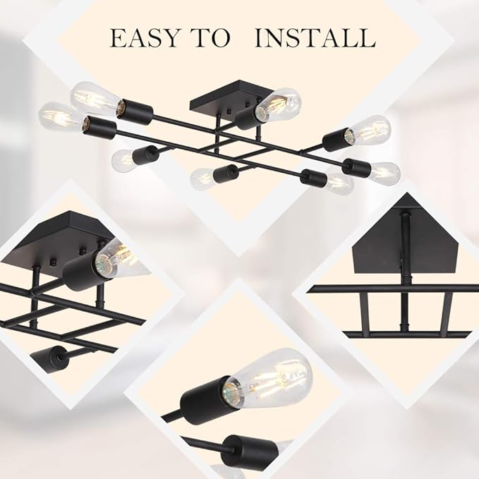 Modern Ceiling Light Semi Flush Mount Light Fixture Mid Century Black Sputnik Chandeliers with 8 Lights Kitchen Light Ceiling for Bedroom Dining Room Living Room Lighting