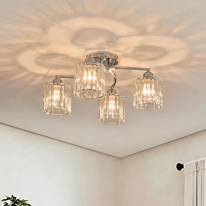 Crystal Chandelier, Modern Elegant Ceiling Light E26 Base Easy Installation Durable Metal Frame for Living Room Bedroom Dining Room, Silver (Style B)