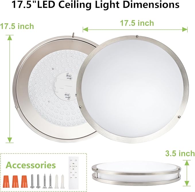 Flush Mount Ceiling Light - 2 Pack 36W 3000K/3500K/4000K/5000K/6000K Dimmable Led Ceiling Light Fixture for Kitchen Hallway Bedroom Bathroom (2, Brushed Nickel, 17.5 Inch)