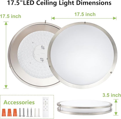 Flush Mount Ceiling Light - 2 Pack 36W 3000K/3500K/4000K/5000K/6000K Dimmable Led Ceiling Light Fixture for Kitchen Hallway Bedroom Bathroom (2, Brushed Nickel, 17.5 Inch)