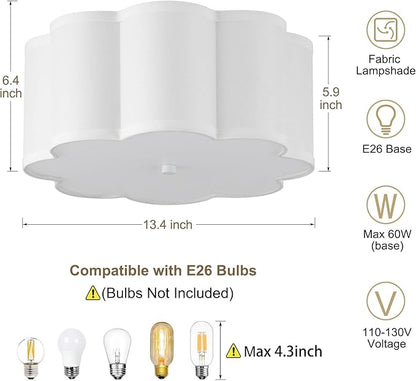 13.4"Semi Flush Mount Ceiling Light Fixture, 3-Light Modern Close to Ceiling Light With Fabric Flower-Shaped Shade, Light Fixtures Ceiling Mount for Bedroom Nursery Kids Room Living Room(White)