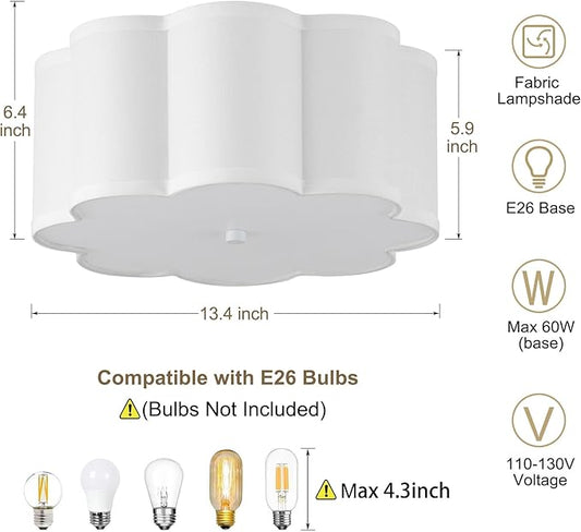13.4"Semi Flush Mount Ceiling Light Fixture, 3-Light Modern Close to Ceiling Light With Fabric Flower-Shaped Shade, Light Fixtures Ceiling Mount for Bedroom Nursery Kids Room Living Room(White)