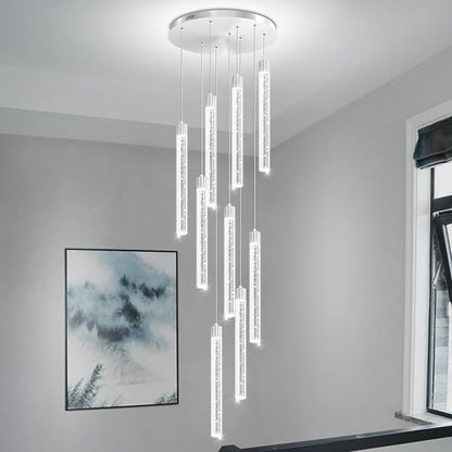 Modern 9-Lights Silver Crystal Column Chandeliers for Entrance Dimmable LED Pendant Lighting Hanging Lights for Dining Room Bedroom Foyer Staircase Living Room
