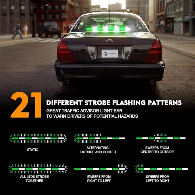 Xprite 35.5" Traffic Advisor Light Bar, LED Emergency Strobe Lights with 21 Flash Patterns, Suction Mount & Cigarette Plug, Strobe Lights for Trucks, SUV, Car - White & Green
