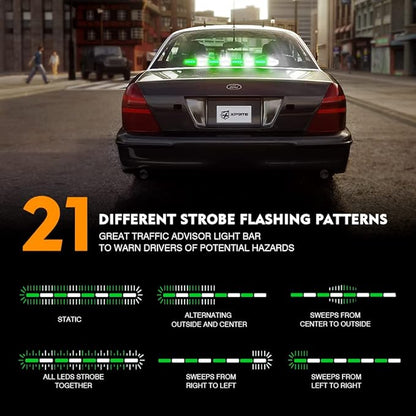 Xprite 35.5" Traffic Advisor Light Bar, LED Emergency Strobe Lights with 21 Flash Patterns, Suction Mount & Cigarette Plug, Strobe Lights for Trucks, SUV, Car - White & Green