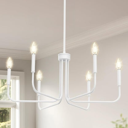 DORESshop Modern Chandelier for Dining Room, 6-Light 28" White Farmhouse Chandelier for Dining Room, Dining Light Fixtures Over Table, Industrial Modern Light for Bedroom Hall Kitchen Living Room