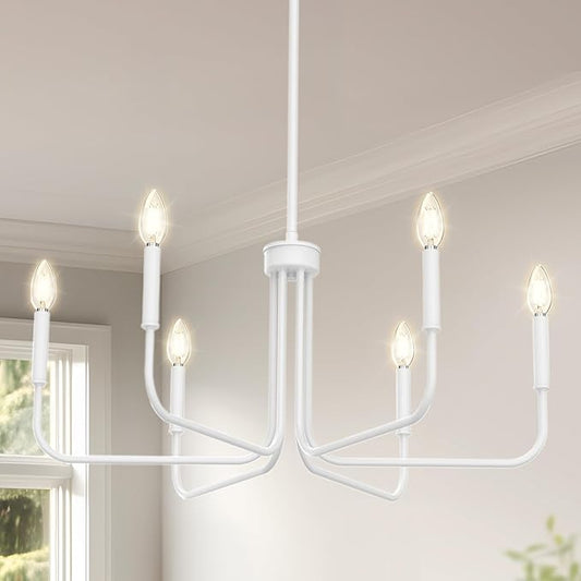 DORESshop Modern Chandelier for Dining Room, 6-Light 28" White Farmhouse Chandelier for Dining Room, Dining Light Fixtures Over Table, Industrial Modern Light for Bedroom Hall Kitchen Living Room