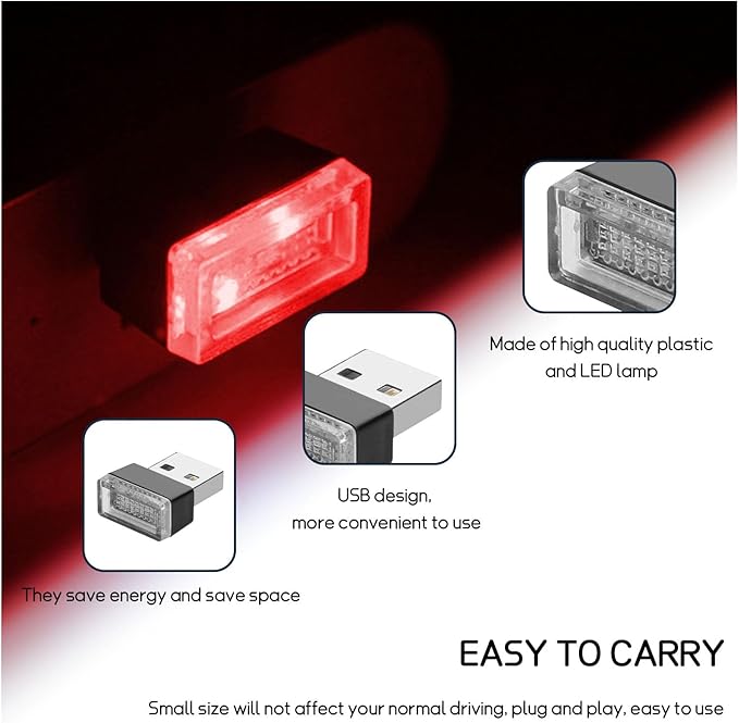 Dickno 4 PCS USB LED Car Interior Atmosphere Lamp, Portable Mini LED Night Light, Plug-in USB Interface Trunk Ambient Lighting Kit, Universal Vehicle Interior Accessories (Red)