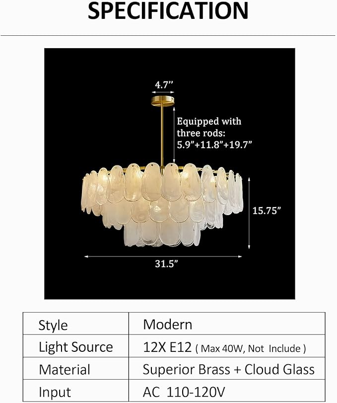 31.5in Gold Crystal Chandelier Modern Pendant Lighting 12-Light Round Crystal Chandeliers for Kitchen Island Cloud Glass Multi-Tier Light Fixture for Dining Room, Living Room, Kitchen