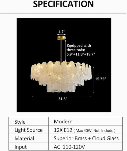 31.5in Gold Crystal Chandelier Modern Pendant Lighting 12-Light Round Crystal Chandeliers for Kitchen Island Cloud Glass Multi-Tier Light Fixture for Dining Room, Living Room, Kitchen