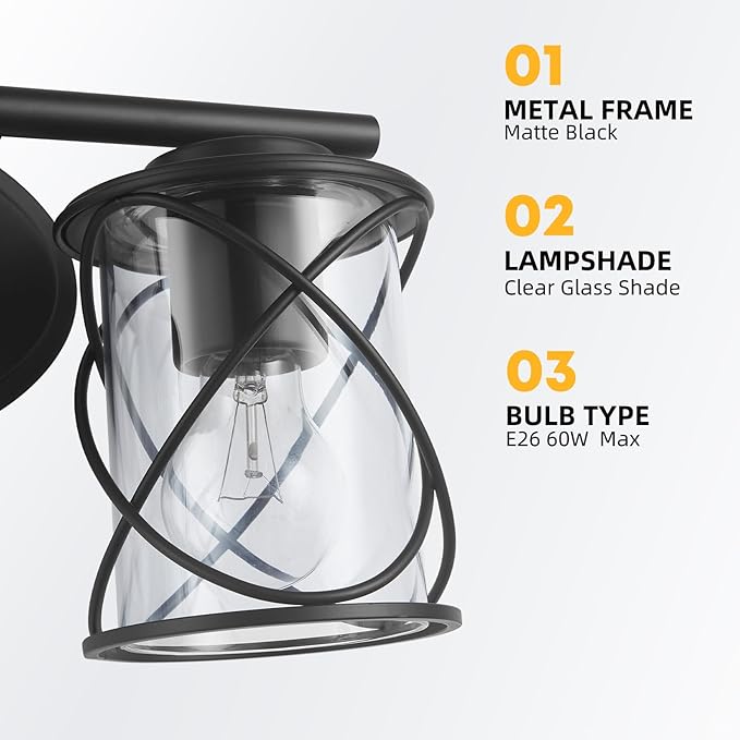 4-Lights Bathroom Light Fixtures, Matte Black Modern Vanity Light Over Mirror, Bathroom Wall Lamp for Mirror Kitchen Living Room Hallway Porch, Farmhouse Wall Lights with Clear Glass Cage Shade