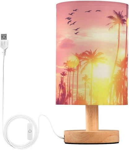 Bedside Table Lamp Tropical Palm Tree Sun Sunset Sky Birds Nightstand Lamp with Wood Desk Lamps for Bedroom Living Room Nursery Office Home Decor