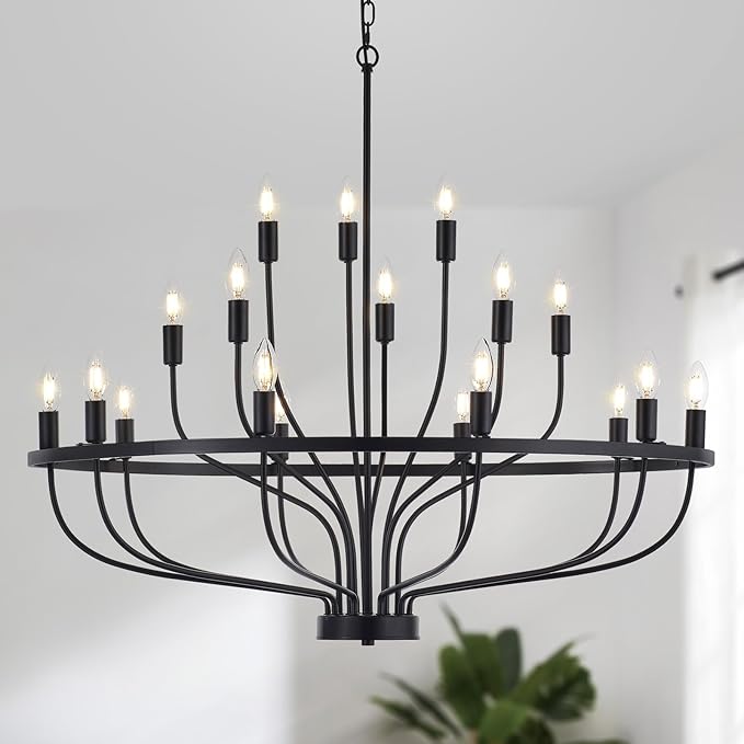 39.4“ Industrial Black Chandelier Rustic Vintage 18-Lights Candle Style Chandeliers Light Fixture Large Retro Black Chandelier for Dining Room, Kitchen Island, Living Room, E12