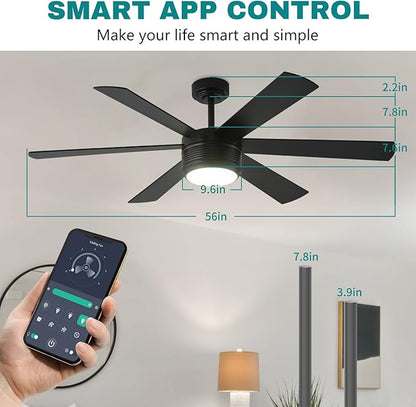 SHOWDI Ceiling Fan with Lights and Remote, 6 Blade App Control Timer Reversible Stepless Brightness and Color Temperature Outdoor Wood Ceiling Fan with Lights (Black, 56 Inch)