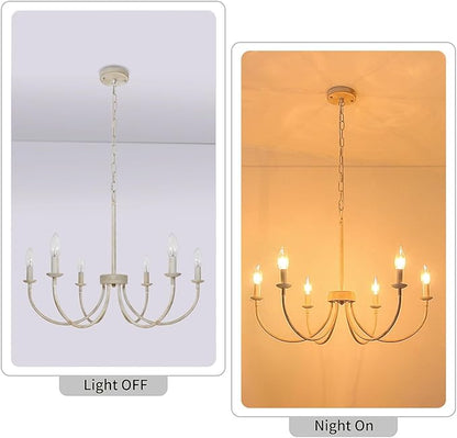 French Country Chandelier, 6-Light Antique White Farmhouse Chandelier for Dining Room Lighting Fixtures Hanging, Candle Hanging Pendant Lights for Kitchen Living Room Bedroom Foyer