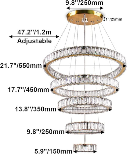 Dixun LED Big Crystal Chandeliers Modern 5 Rings Pendant Light Adjustable Ceiling Light for Bedroom Dinning Room Kitchen (Multicolor,Control by Switch)