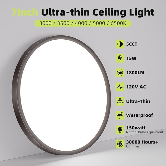 hepside 1PACK Flush Mount LED Ceiling Light Fixture 5CCT 7Inch 15W & 100W Equivalent Closet Light Fixture,Small Round Slim Surface Ceiling Lamp for Hallway,Bathroom,Bedroom,Kitchen,Interior