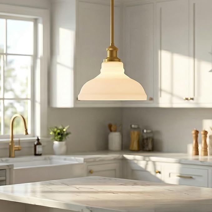 HOLKIRT Modern Pendant Light Fixtures Gold Pendant Lights Kitchen Island Hanging Lights for Bedroom Dining Room Bathroom with Dome Opal Glass,Adjustable Height