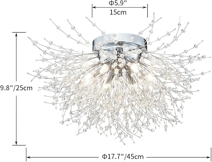AGV LIGHTING CL023C Crystal Ceiling Light, Close to Ceiling Flushmount Light Fixture, Firework Design Dandelion Shape, 6-Lights, D18 x H10, Chrome Finish
