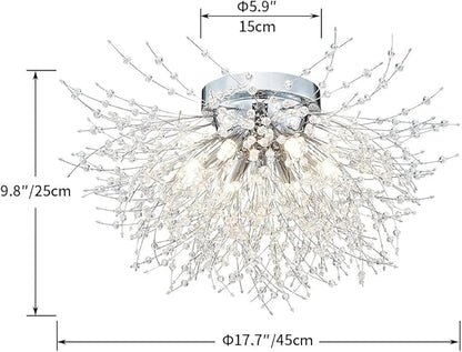 AGV LIGHTING CL023C Crystal Ceiling Light, Close to Ceiling Flushmount Light Fixture, Firework Design Dandelion Shape, 6-Lights, D18 x H10, Chrome Finish
