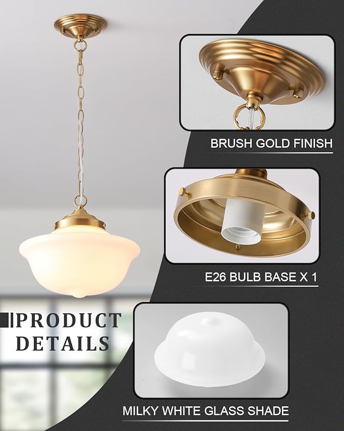 Schoolhouse Light Fixture, 12 Inch Black Finish with Milk Glass Semi Flush Mount Ceiling Light, Ceiling Light Fixture for Kitchen Hallway Entryway (Type C Pendant Light)