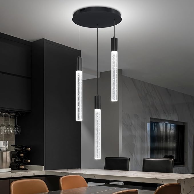 3-Lights Pendant Lights Modern LED Kitchen Island Chandelier Remote Dimmable Bubble Crystal Pendant Light Black Corner Fixture for Dining Room Living Room Foyer