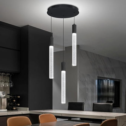 3-Lights Pendant Lights Modern LED Kitchen Island Chandelier Remote Dimmable Bubble Crystal Pendant Light Black Corner Fixture for Dining Room Living Room Foyer
