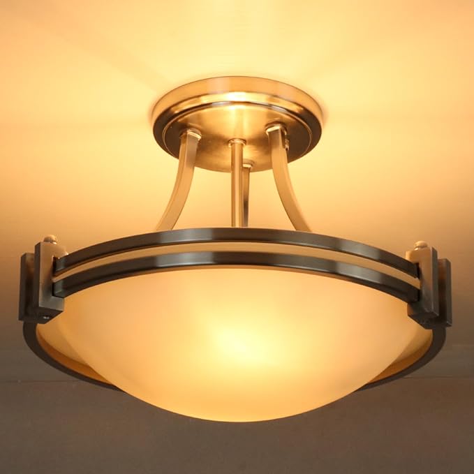 Modern 2-Light Semi Flush Mount Ceiling Light Brushed Nickel 12-Inch Milk Glass Light Fixtures Ceiling Mount for Bedroom Hallway Staircase Kitchen