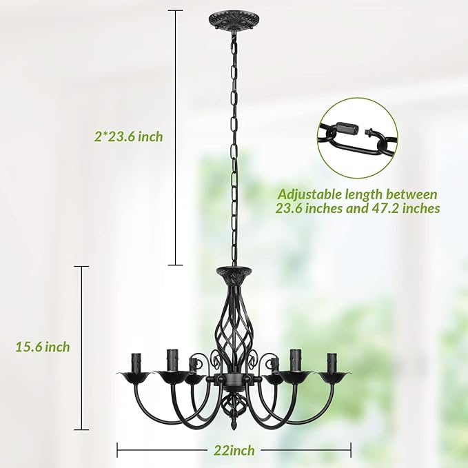 6-Light Farmhouse Candle Chandelier for Living Room, Rustic Industrial Pendant Ceiling Light fixture, Vintage Hanging Lamp for Bedroom Hallway Kitchen Dining Room Foyer, Matte Black E12 Socket