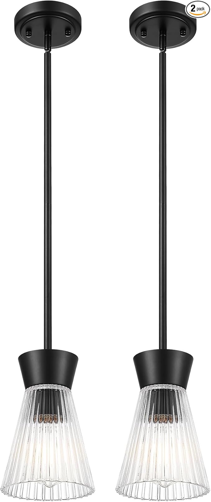 Pendant Lights Kitchen Island, HWH Hanging Light Fixture Set of 2, 5.6 Inch Pendant Light Fixtures Ceiling with Clear Striped Glass, Matte Black Finish, 5HZG107MIL-2PK BK