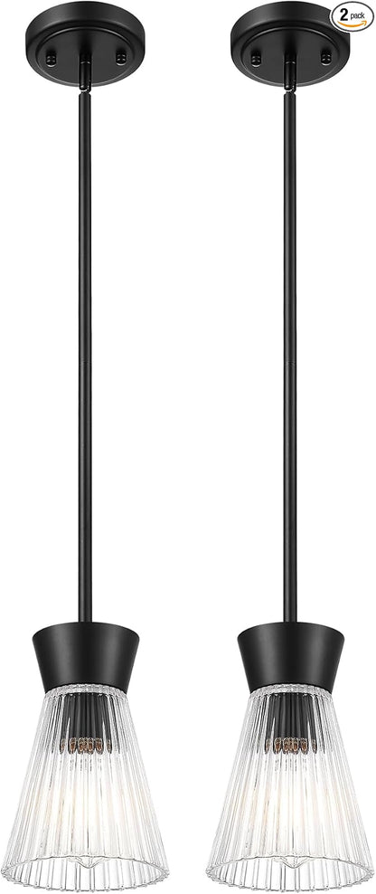 Pendant Lights Kitchen Island, HWH Hanging Light Fixture Set of 2, 5.6 Inch Pendant Light Fixtures Ceiling with Clear Striped Glass, Matte Black Finish, 5HZG107MIL-2PK BK
