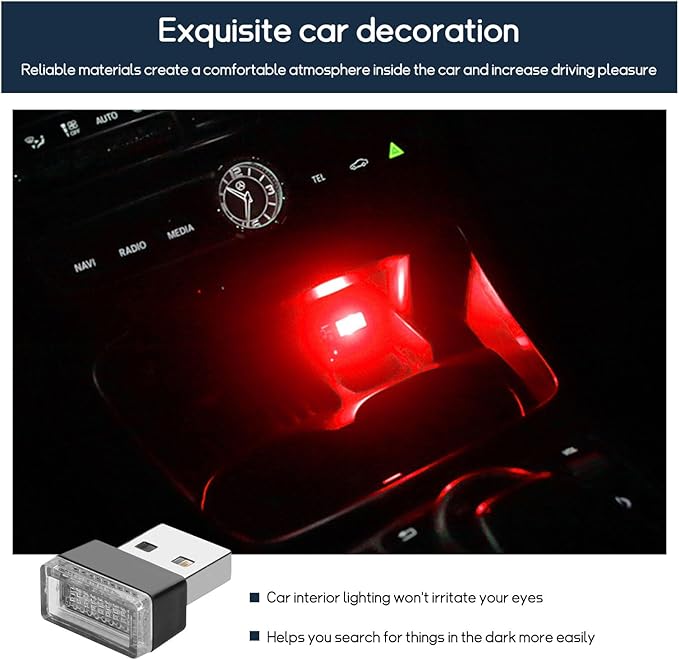 Dickno 4 PCS USB LED Car Interior Atmosphere Lamp, Portable Mini LED Night Light, Plug-in USB Interface Trunk Ambient Lighting Kit, Vehicle Interior Accessories (Pink+Blue+Red+Ice Blue)