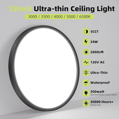 hepside 12Inch LED Flush Mount Ceiling Light Fixture 5CCT 24W 2800LM Closet Light Fixture,Small Round Slim Surface Ceiling Lamp for Hallway,Bathroom,Bedroom,Kitchen,Interior