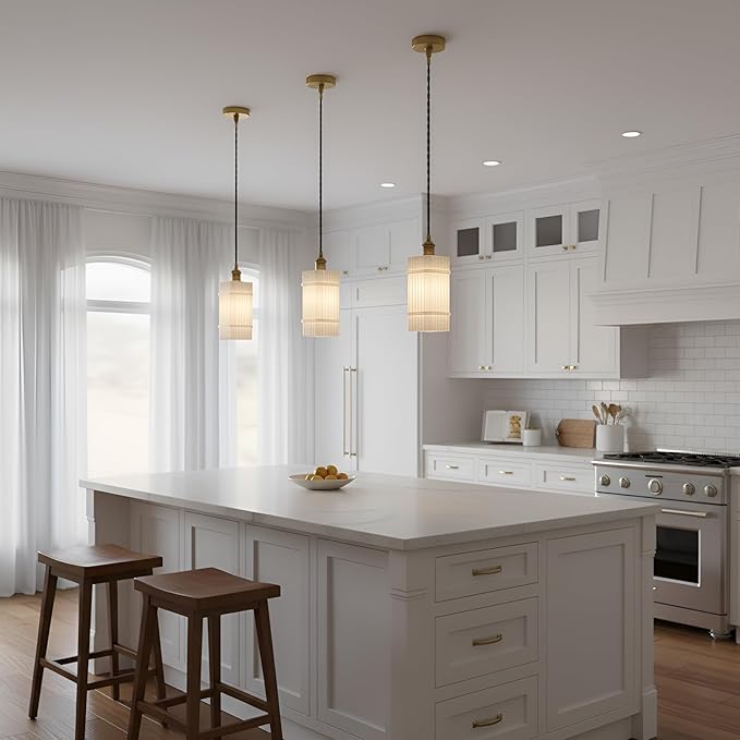 3Pack Milk Glass Striped Kitchen Island Pendant Lights, Vintage Dining Room Light Fixture - Adjustable Hanging Light Set for Dining Room, Bedside, Vanity Area, Hallway & Entryway
