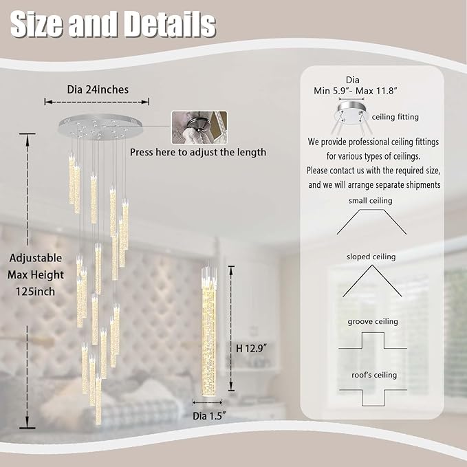 ykolupty H125'' Modern Crystal Chandelier 18-Lights Large Foyer Chandelier Crystal Pendant Ceiling Light for Staircaes Hallway Entrance Silver