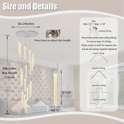 ykolupty H125'' Modern Crystal Chandelier 18-Lights Large Foyer Chandelier Crystal Pendant Ceiling Light for Staircaes Hallway Entrance Silver