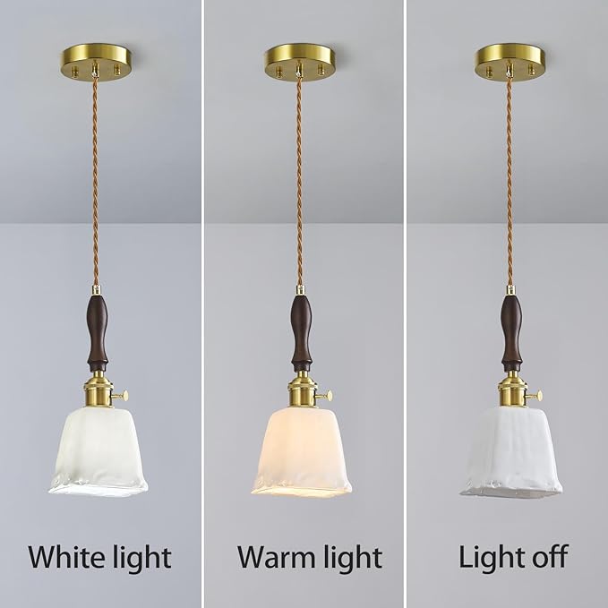 Mini Pendant Light Milky White Glass Pendant Lights Vintage Brass Pendant Lighting Kitchen Island Hanging Lamp with Wood Handle for Bedroom Dining Room (2 Pack)