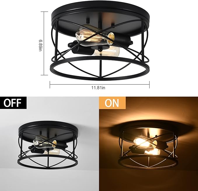 2-Light Flush Mount Black Ceiling Light Fixture, Farmhouse Vintage Industrial Metal Cage, Dimmable for Hallway Kitchen Bedroom Living Room Laundry Utility Room Closet Bathroom Entryway Office