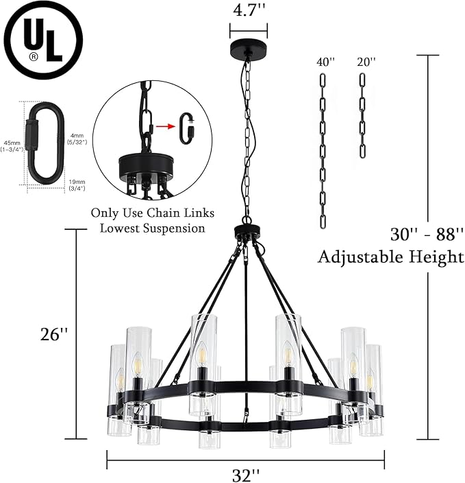 32 Inch Black Wagon Wheel Chandelier with Glass Shade, 10 Lights, Modern Farmhouse Style, Ideal for Dining Room, Kitchen, Entryways