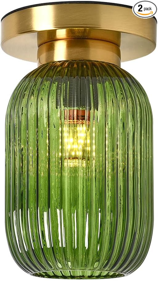Flush Mount Ceiling Light Glass Gold Chandelier Hallway Lighting Fixture Green Glass Lampshade Farmhouse Lighting Vintage Ceiling Lamp for Living Room Porch Bedroom