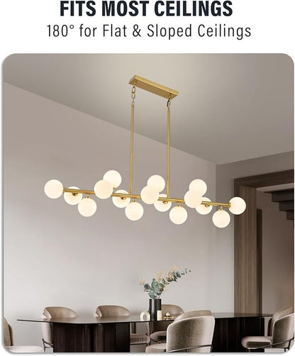 55" Long Brass Gold Chandeliers for Dining Room Kitchen Island, Large Globe Sputnik Linear Chandelier, 16 Lights Mid Century Modern Light Fixture Over Table, Milk White Bubble, GC-08