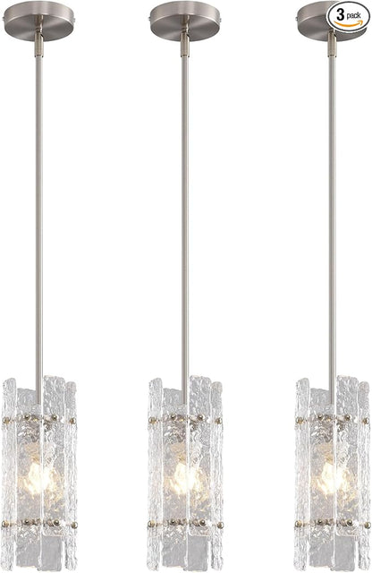 Brushed Nickel Glass Pendant Light for Kitchen Island, Luxury Mini Water Ripple Crystal Chandelier Fixture, Modern round Adjustable Hanging Pendant Lighting for Dining Room Bathroom Hallway (3-Pack)