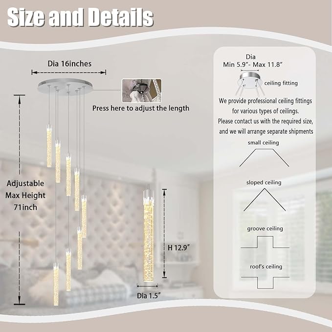 ykolupty Modern Chandelier 8-Light Bubble Crystal Pendant Light Adjustable Pendant Light Fixture Crystal Chandeliers for Living Room Dinning Room Bedroom