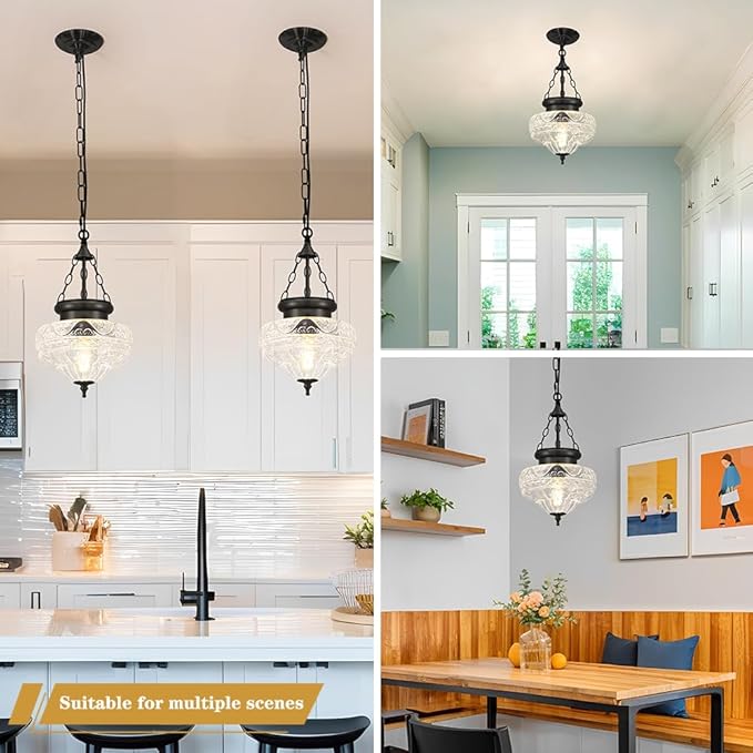 Vintage Pendant Light, Matte Black Pendant Lights Kitchen Island with Unique Thickened Glass, Hanging Lighting Fixtures with Adjustable Chain, Chandelier for Kitchen, Island, Dining Room, Entryway