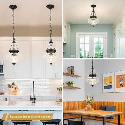 Vintage Pendant Light, Matte Black Pendant Lights Kitchen Island with Unique Thickened Glass, Hanging Lighting Fixtures with Adjustable Chain, Chandelier for Kitchen, Island, Dining Room, Entryway