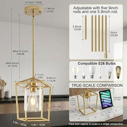 3 Pack Gold Pendant Lights, Modern Farmhouse Kitchen Pendant Lighting Over Island, Metal Cage Hanging Lights with Clear Glass Shade for Kitchen Island, Dining Room, Entryway, Hallway